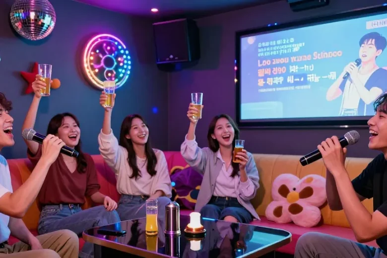 Fun group enjoying karaoke at 강남노래방 with vibrant lights and lively atmosphere.