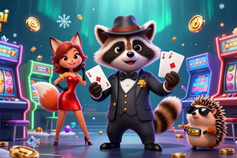 Dhani win colorful gameplay illustration featuring a suave raccoon, elegant fox, and hedgehog bouncer amidst arcade and slot elements.