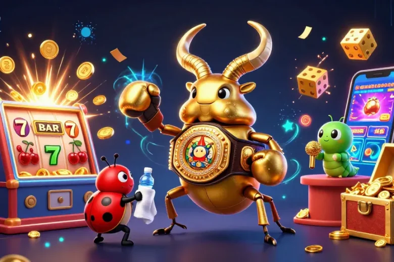 Engage with yaar win through a vibrant casino scene featuring a giant stag beetle champion and exciting game elements.