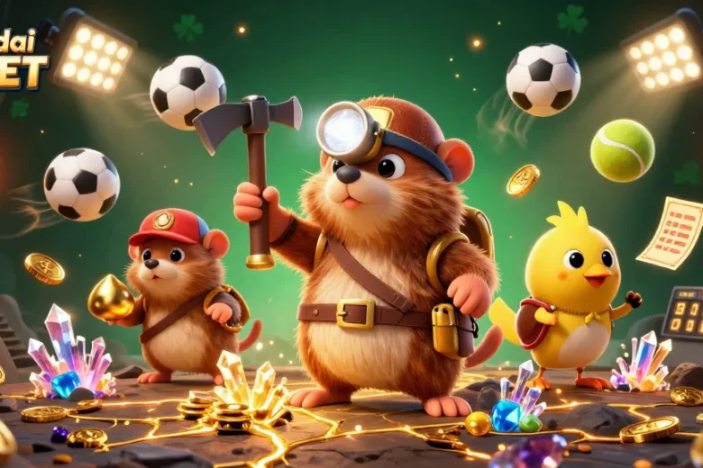 Bet with Nhà cái SHBET while enjoying vibrant 3D illustration of treasure hunting and sports with golden trophies.