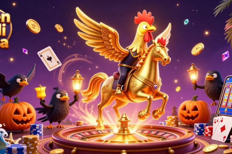 Experience the excitement of agen judi bola with a vibrant casino scene featuring a golden rooster and dynamic gambling elements.