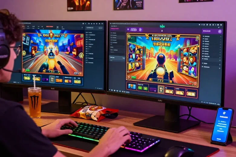 NAGA2000 user enjoying a vibrant online gaming experience on dual monitors, complete with immersive graphics and ambient lighting.