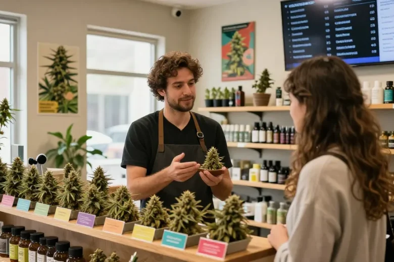 Discover where to buy top quality weed in Scotland (UK) at a friendly cannabis shop, featuring vibrant displays and helpful staff.