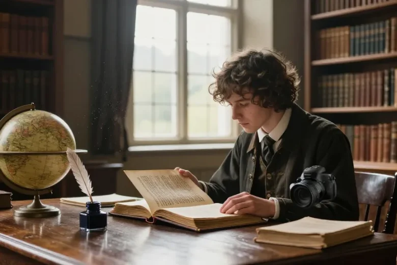 Explore historical narratives at https://tyntescastle.com with a reader in a vintage library setting.