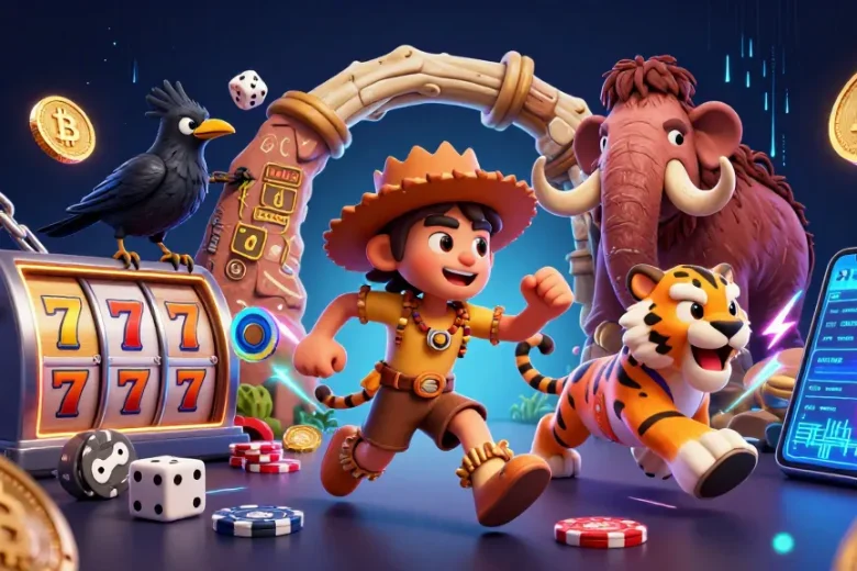 Experience the thrilling action at depo 5k with a vibrant casino scene featuring cavemen and a sabertooth tiger.