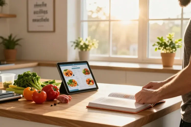 Healthy meal preparation while using the best calorie tracking app in a bright kitchen.