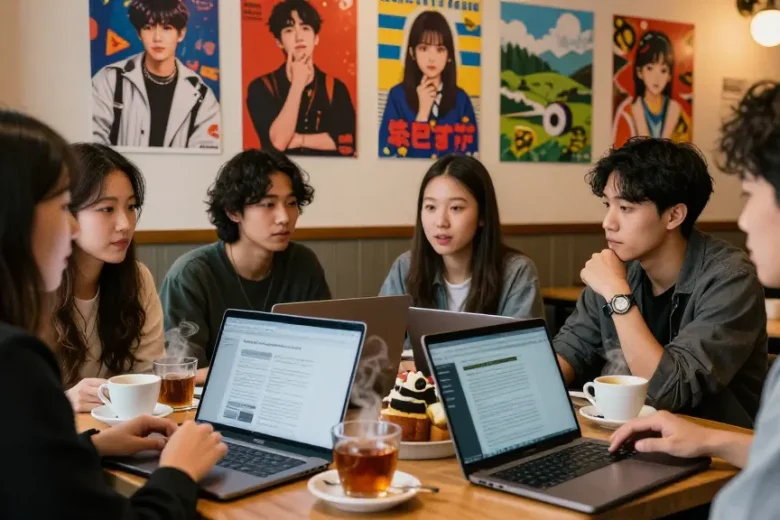 Diverse friends discussing content from https://hanadultalk.com in a cozy café with Asian cultural decor.