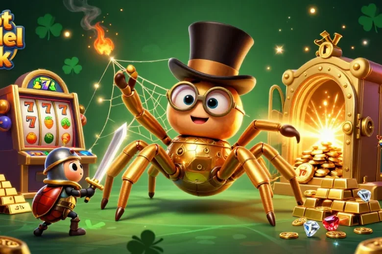 This artistic depiction shows a 3D cartoon scene of the slot modal 10k universe, featuring unique characters in a rich casino environment with golden treasures.