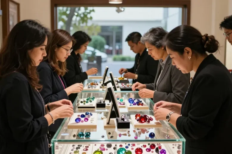 Explore gemstones at My Gem Spot's elegant marketplace, highlighting quality stones and engaging customers.