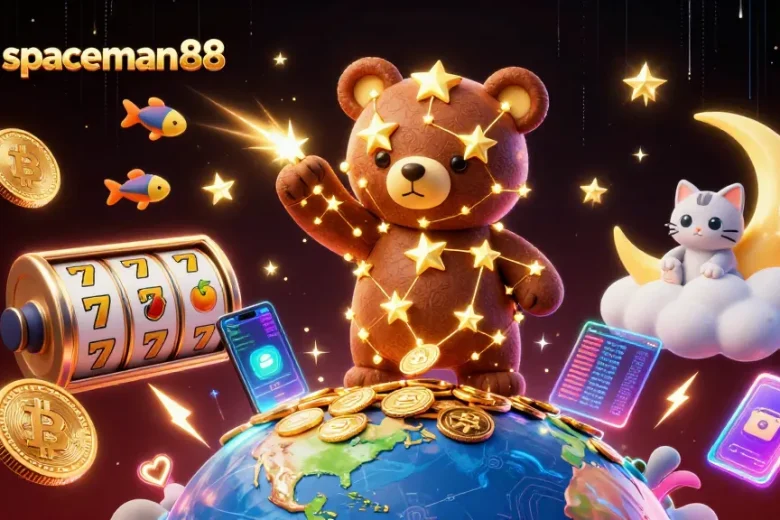 Engage with slot spaceman88 immersive 3D scene featuring a cosmic bear, vibrant coins, and dynamic slot elements.